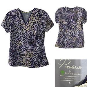 Premiere by‎ Healing Hands medical scrub top sz S short sleeve purple multicolor